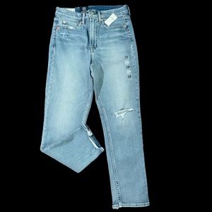 NWT * GAP Cigarette high rise medium indigo destructed detail raw hem jeans.